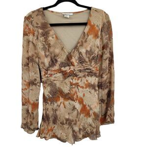 90s Top Boho Country V-neck Tie Back Waist Sheer Long Sleeve Burnt Paisley Sz M